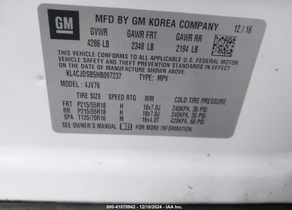 2017 BUICK ENCORE PREMIUM VIN: KL4CJDSB5HB097237