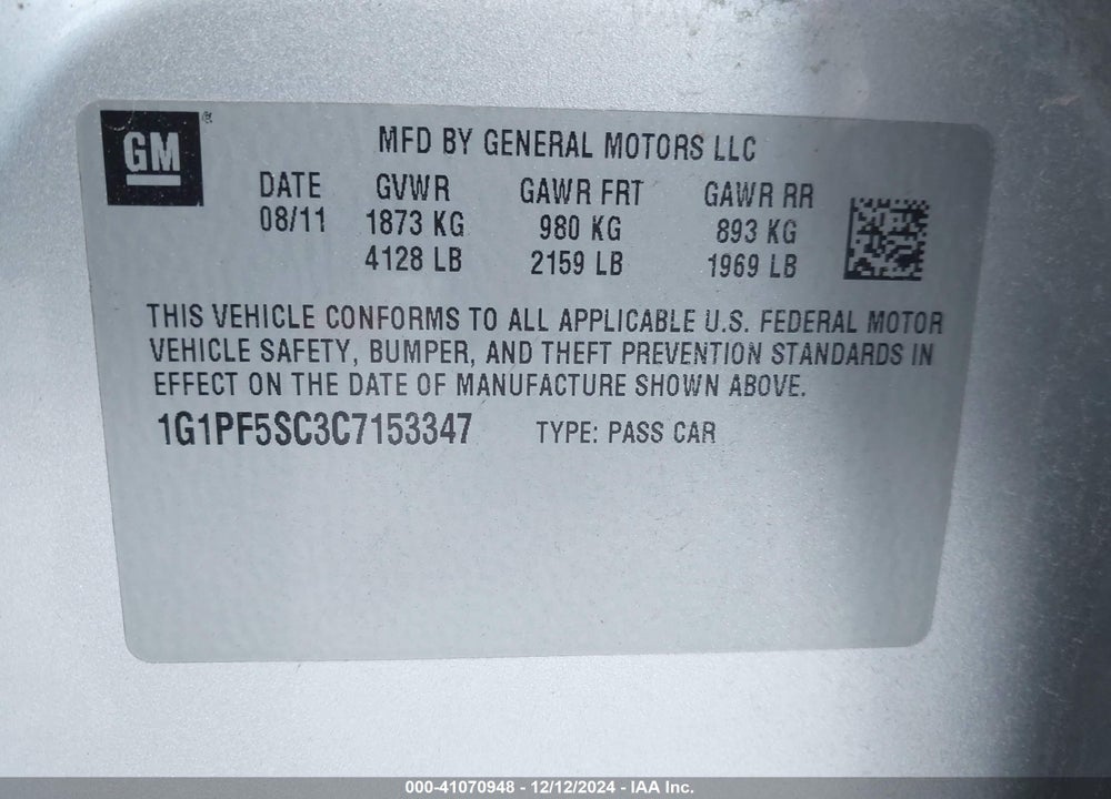 2012 CHEVROLET CRUZE VIN: 1G1PF5SC3C7153347
