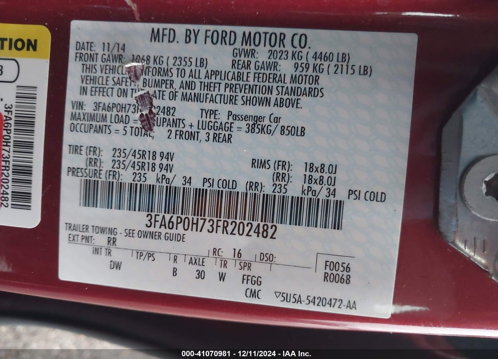 2015 FORD FUSION SE VIN: 3FA6P0H73FR202482