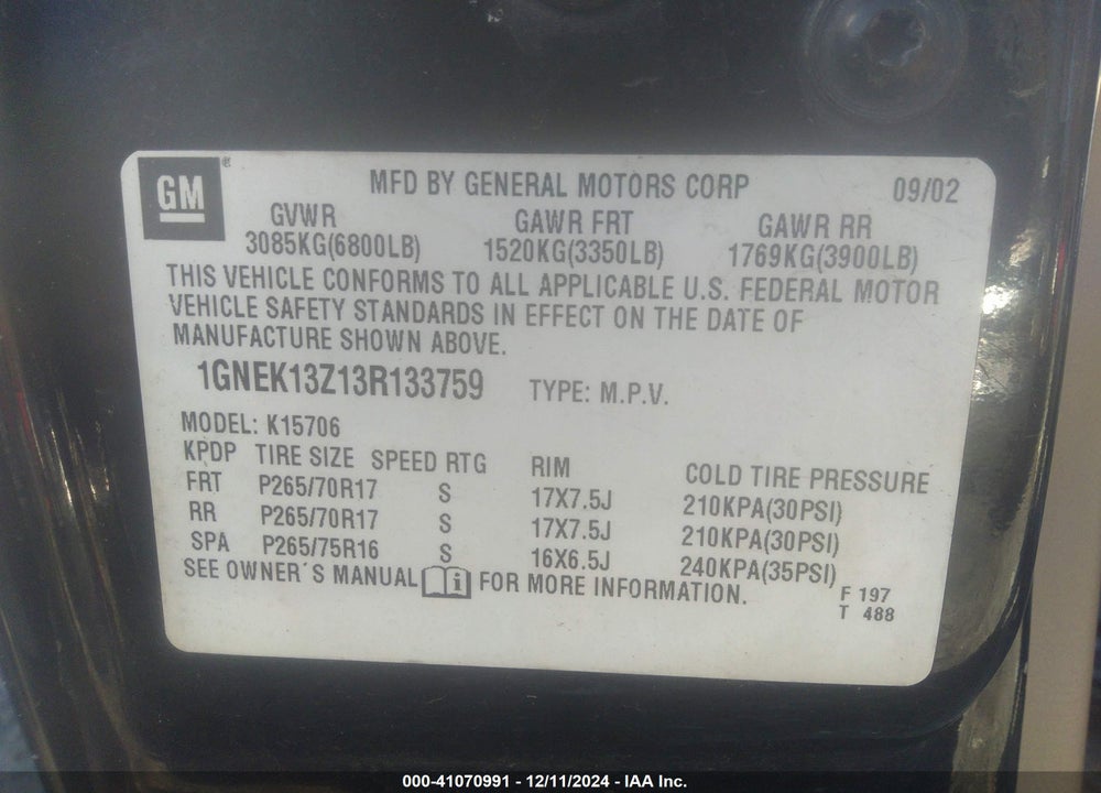 2003 CHEVROLET TAHOE Z71 VIN: 1GNEK13Z13R133759