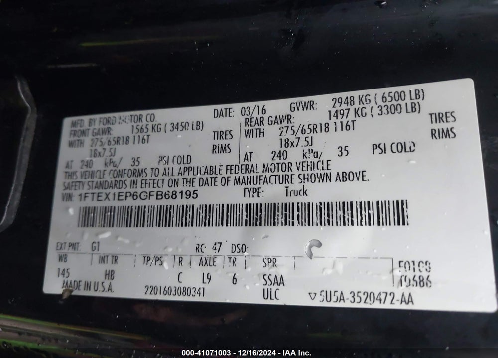 2016 FORD F-150 LARIAT VIN: 1FTEX1EP6GFB68195