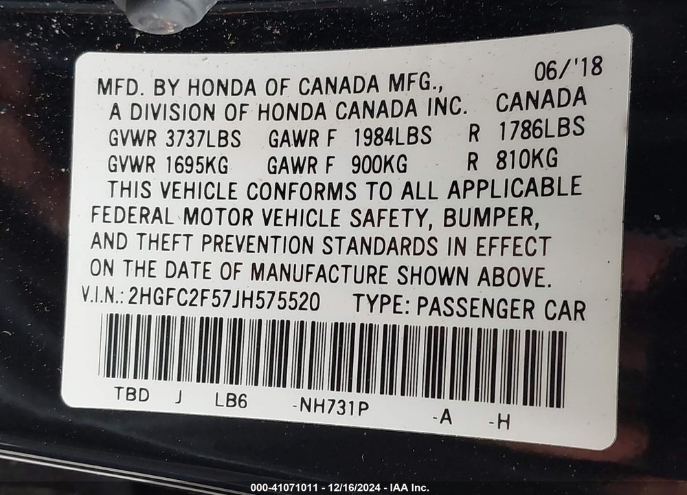 2018 HONDA CIVIC LX VIN: 2HGFC2F57JH575520