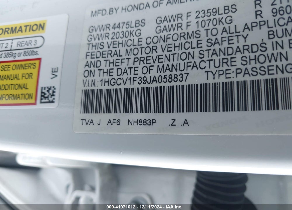 2018 HONDA ACCORD SPORT VIN: 1HGCV1F39JA058837