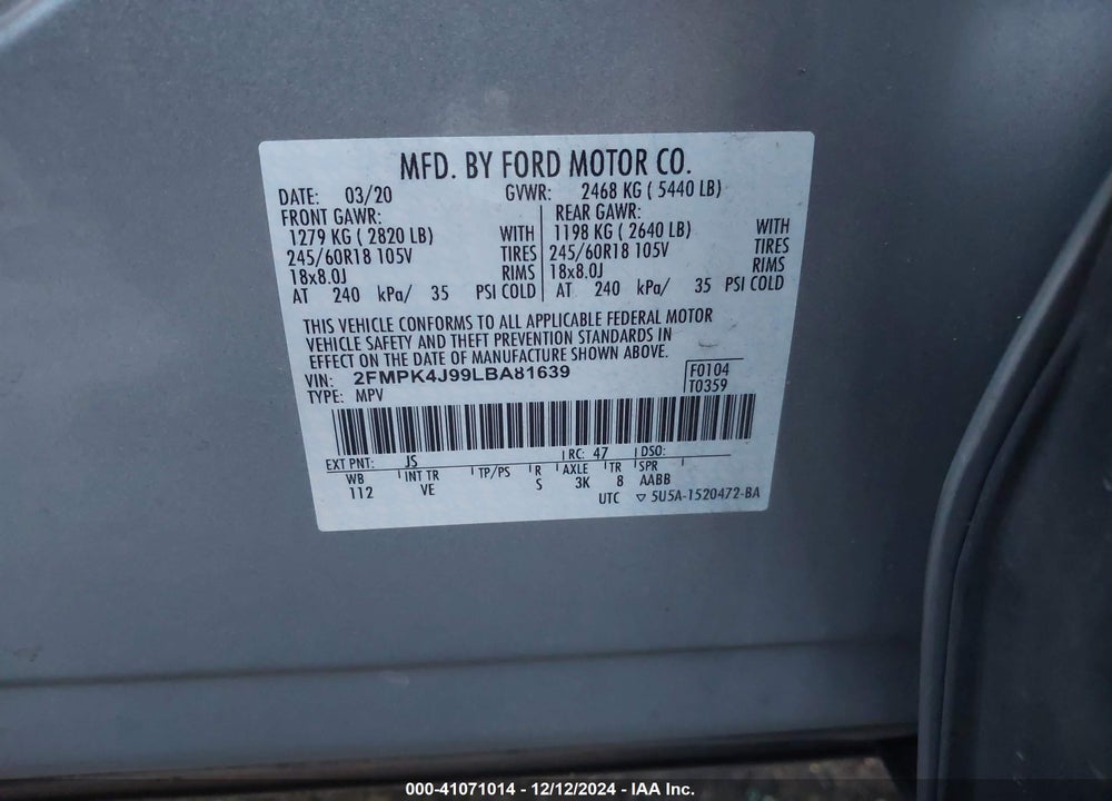2020 FORD EDGE SEL VIN: 2FMPK4J99LBA81639