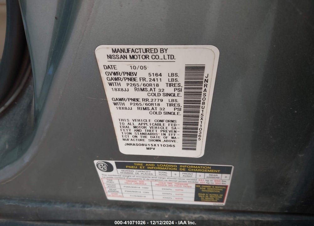 2005 INFINITI FX35 VIN: JNRAS08U15X110365