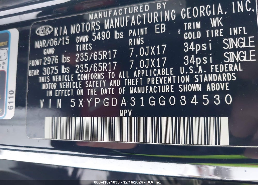 2016 KIA SORENTO 2.4L LX VIN: 5XYPGDA31GG034530