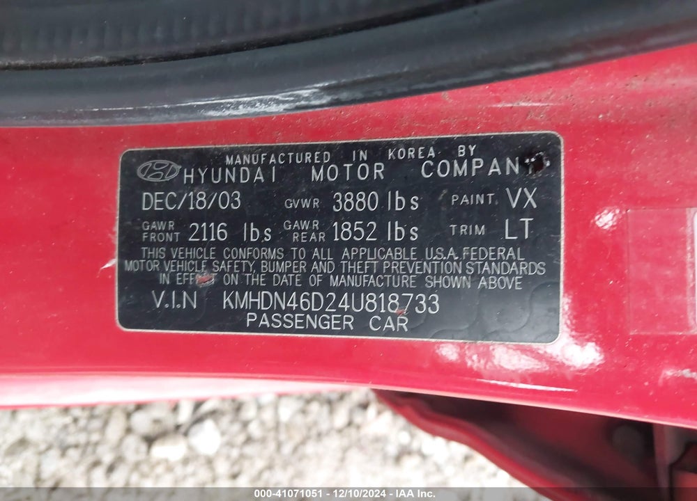 2004 HYUNDAI ELANTRA GLS/GT VIN: KMHDN46D24U818733