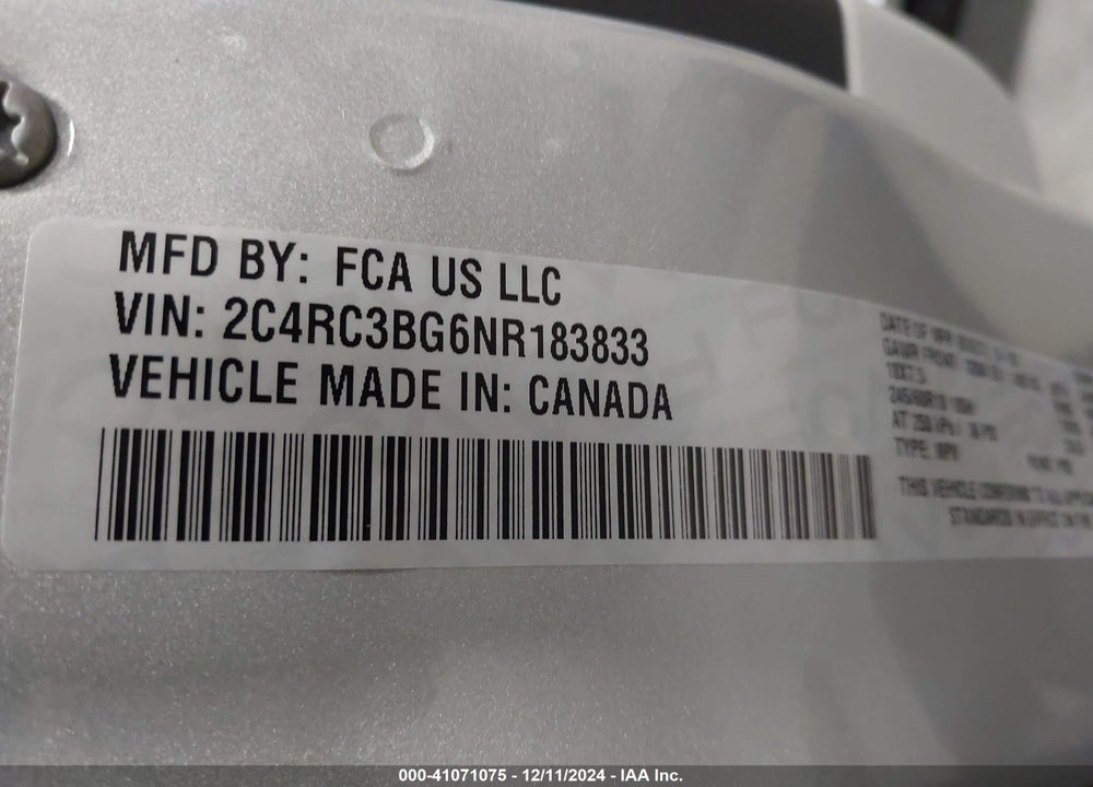 2022 CHRYSLER PACIFICA TOURING L AWD VIN: 2C4RC3BG6NR183833