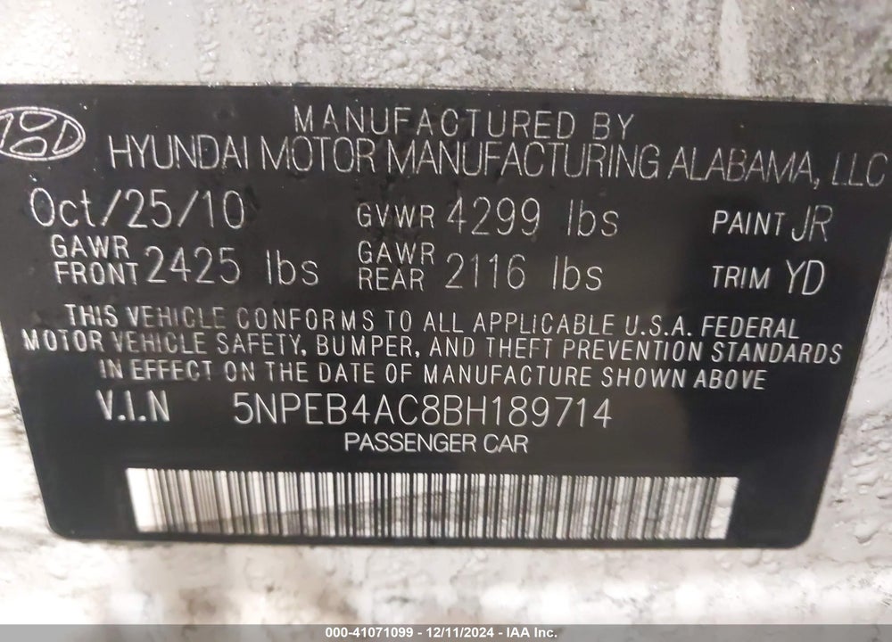 2011 HYUNDAI SONATA GLS VIN: 5NPEB4AC8BH189714