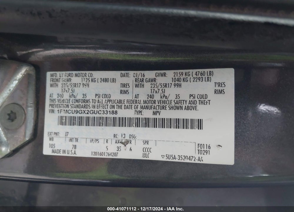 2016 FORD ESCAPE SE VIN: 1FMCU9GX2GUC33188
