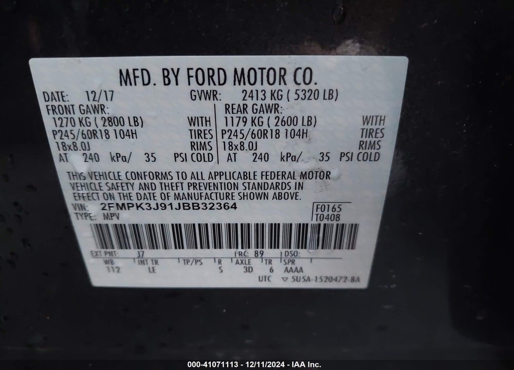 2018 FORD EDGE SEL VIN: 2FMPK3J91JBB32364