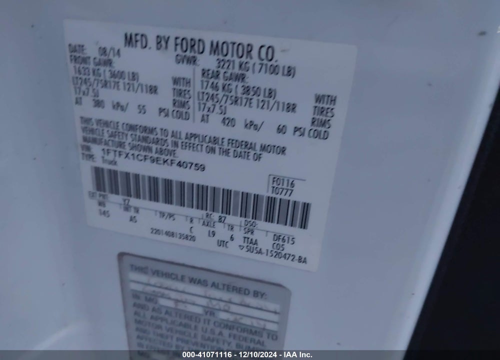 2014 FORD F-150 VIN: 1FTFX1CF9EKF40759