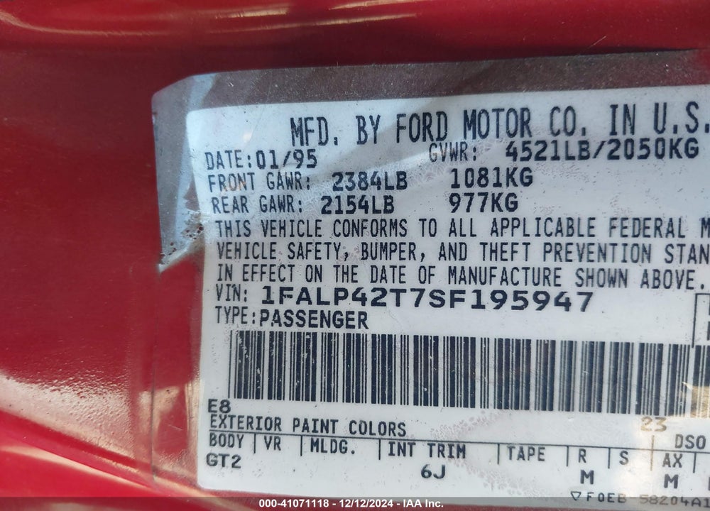 1995 FORD MUSTANG GT/GTS VIN: 1FALP42T7SF195947