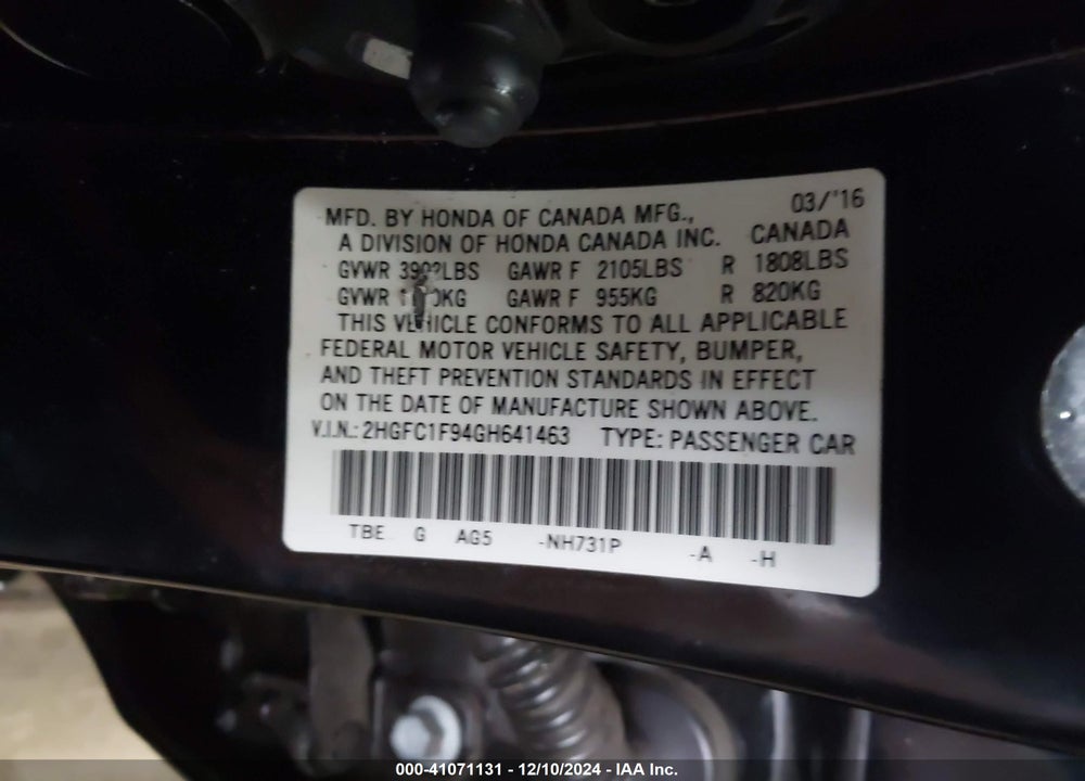 2016 HONDA CIVIC VIN: 2HGFC1F94GH641463
