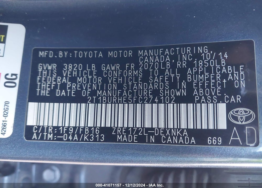 2015 TOYOTA COROLLA LE VIN: 2T1BURHE5FC274102