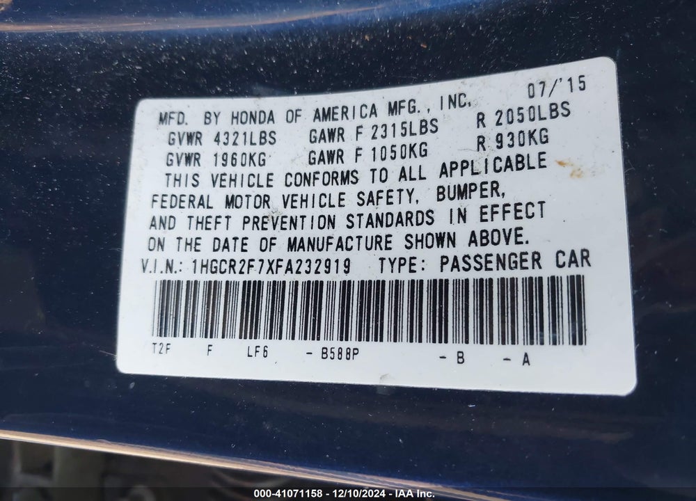 2015 HONDA ACCORD EX VIN: 1HGCR2F7XFA232919