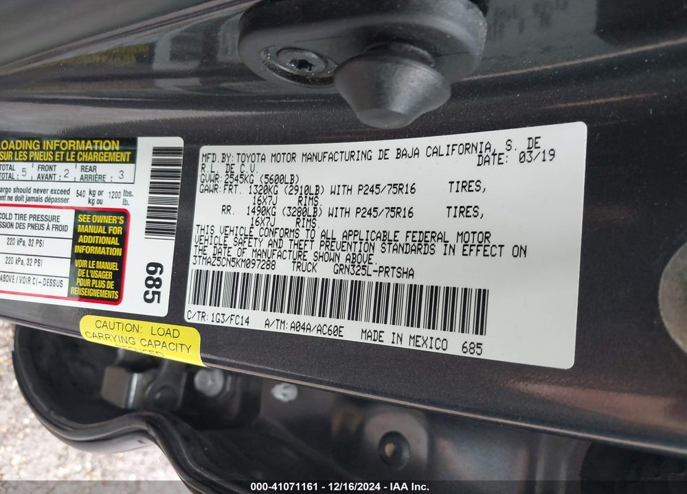 2019 TOYOTA TACOMA VIN: 3TMAZ5CN5KM097288