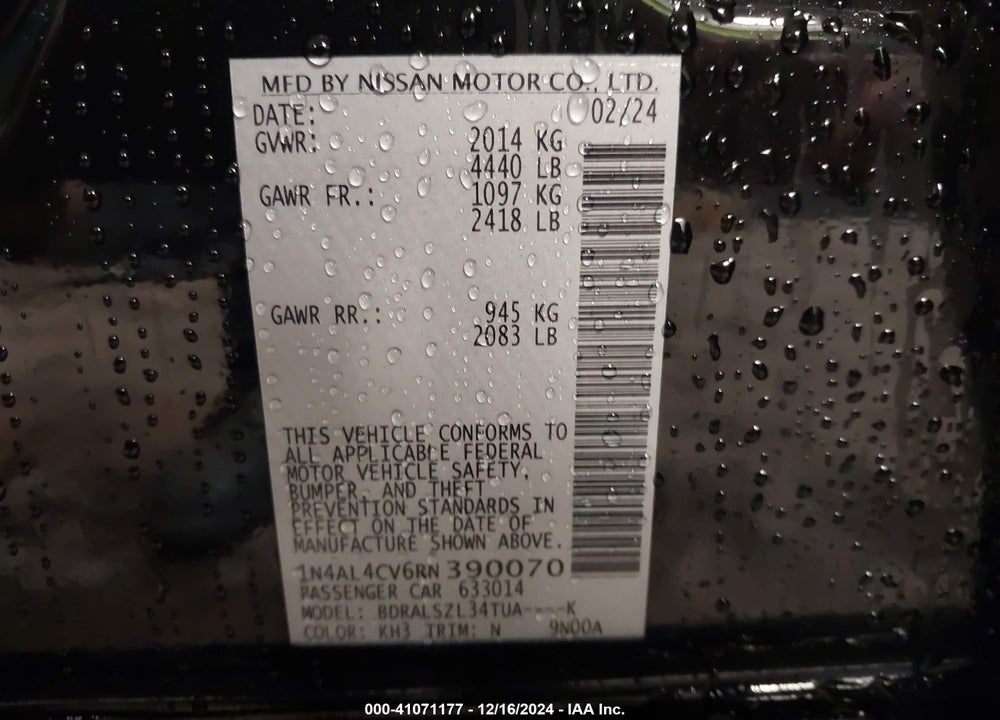 2024 NISSAN ALTIMA SR VC-TURBO FWD VIN: 1N4AL4CV6RN390070