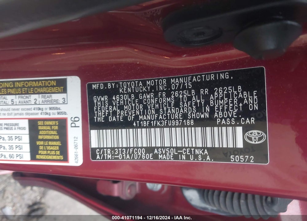 2015 TOYOTA CAMRY VIN: 4T1BF1FK3FU997188