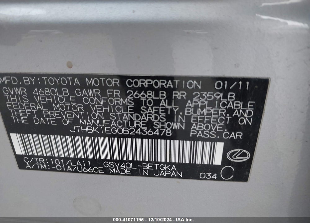 2011 LEXUS ES 350 VIN: JTHBK1EG0B2436478
