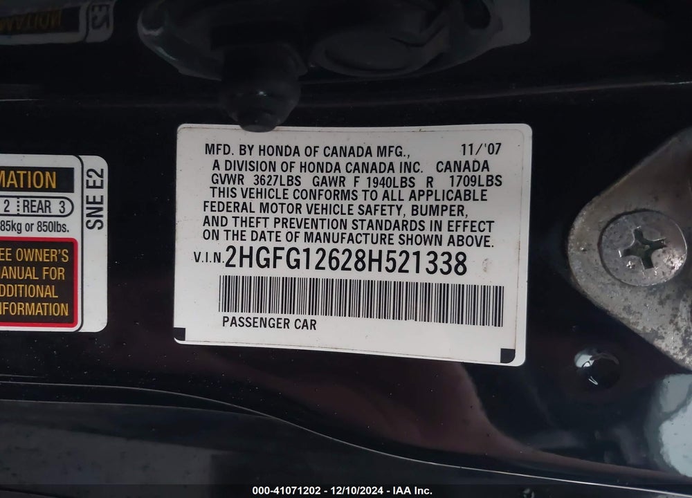 2008 HONDA CIVIC LX VIN: 2HGFG12628H521338