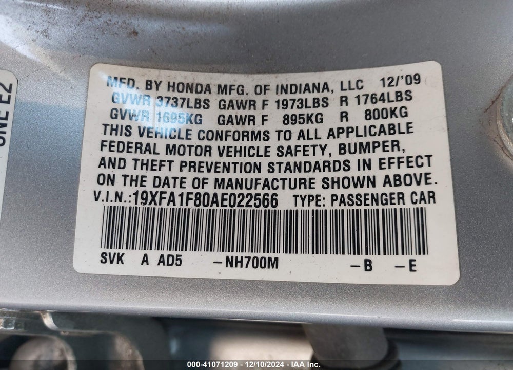 2010 HONDA CIVIC VIN: 19XFA1F80AE022566