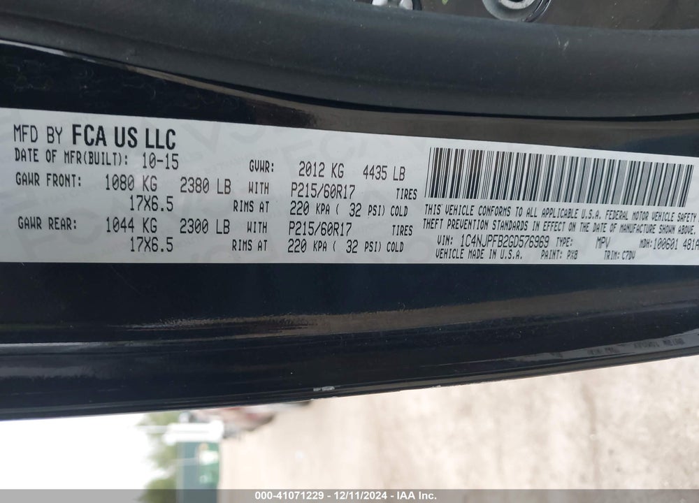 2016 JEEP PATRIOT LATITUDE VIN: 1C4NJPFB2GD576969