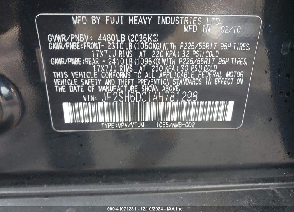 2010 SUBARU FORESTER 2.5X LIMITED VIN: JF2SH6DC1AH781298