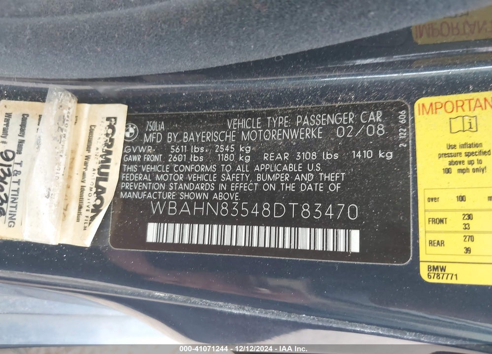 2008 BMW 750LI VIN: WBAHN83548DT83470