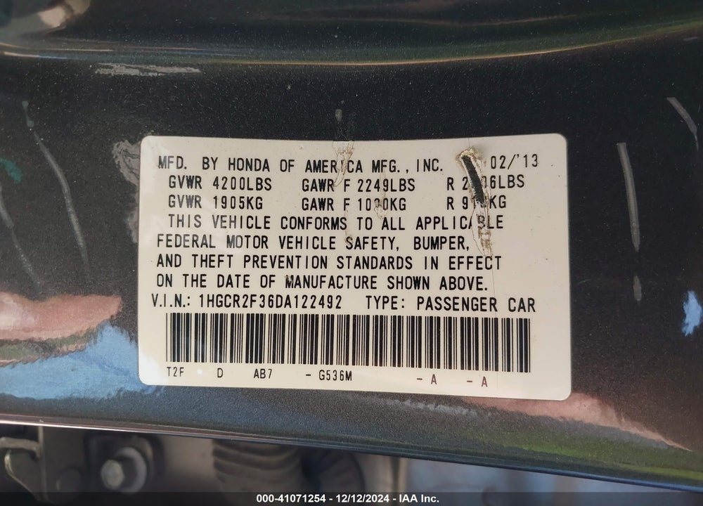 2013 HONDA ACCORD LX VIN: 1HGCR2F36DA122492