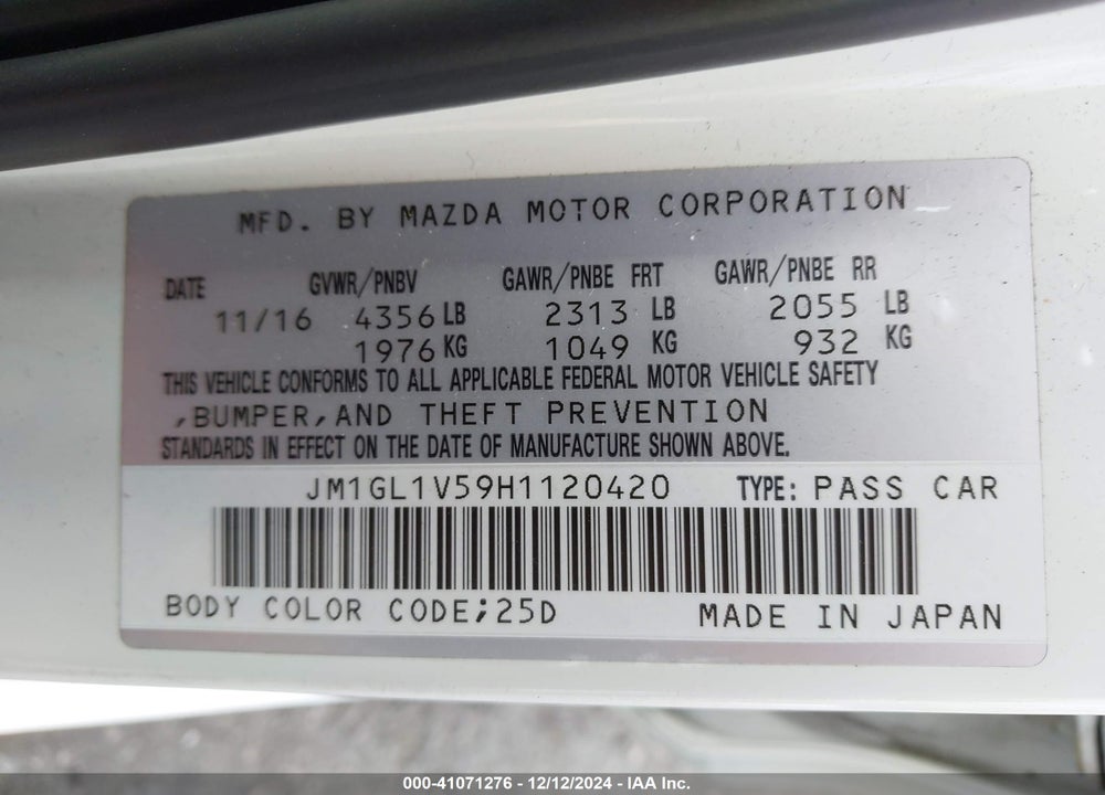 2017 MAZDA 6 TOURING VIN: JM1GL1V59H1120420