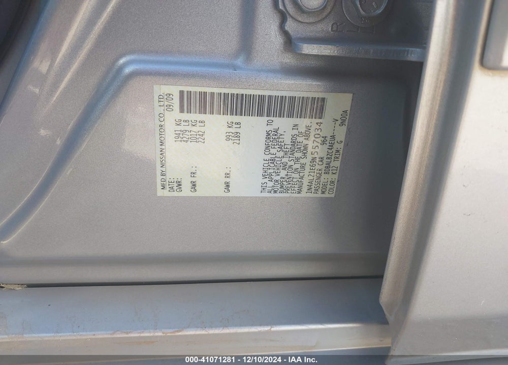 2009 NISSAN ALTIMA 2.5 S VIN: 1N4AL21E69N557034