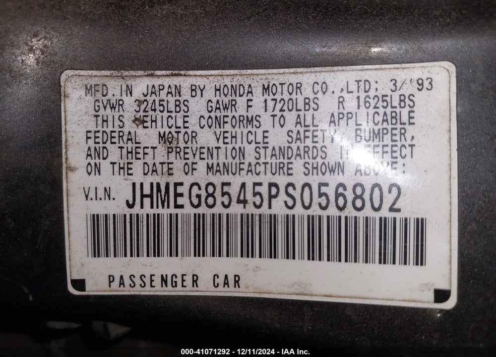 1993 HONDA CIVIC DX VIN: JHMEG8545PS056802