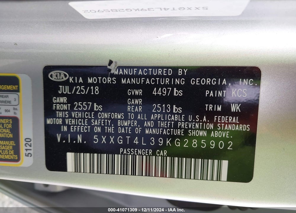 2019 KIA OPTIMA LX VIN: 5XXGT4L39KG285902