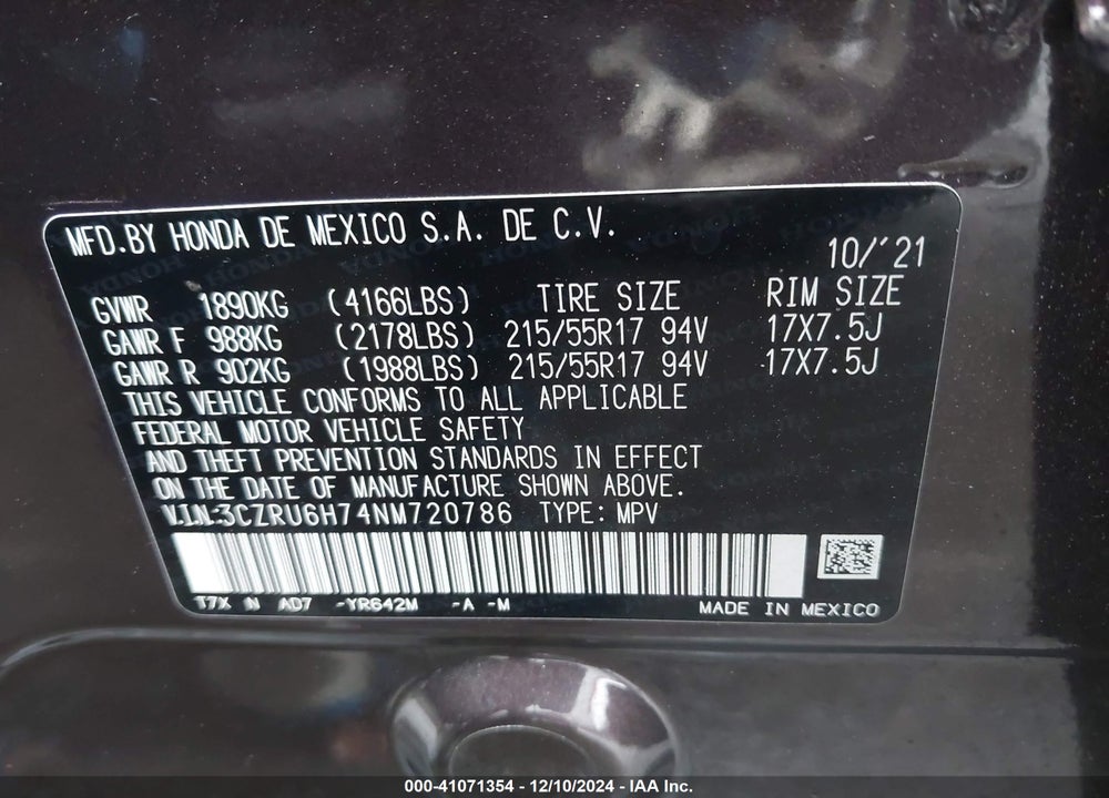 2022 HONDA HR-V VIN: 3CZRU6H74NM720786
