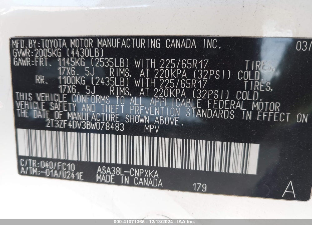 2011 TOYOTA RAV4 VIN: 2T3ZF4DV3BW078483