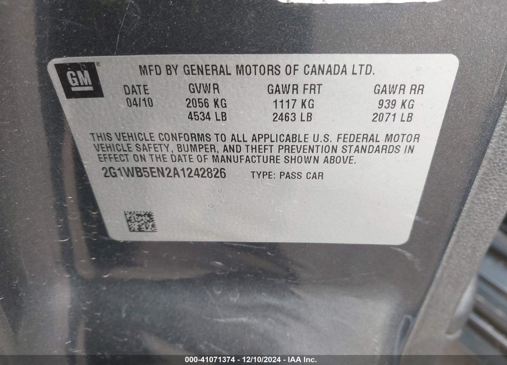 2010 CHEVROLET IMPALA VIN: 2G1WB5EN2A1242826