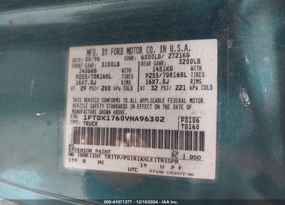 1997 FORD F-150 VIN: 1FTDX1760VNA96302