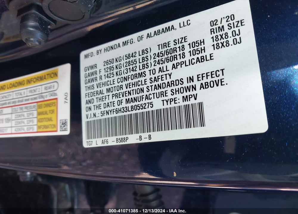 2020 HONDA PILOT AWD EX VIN: 5FNYF6H33LB055275