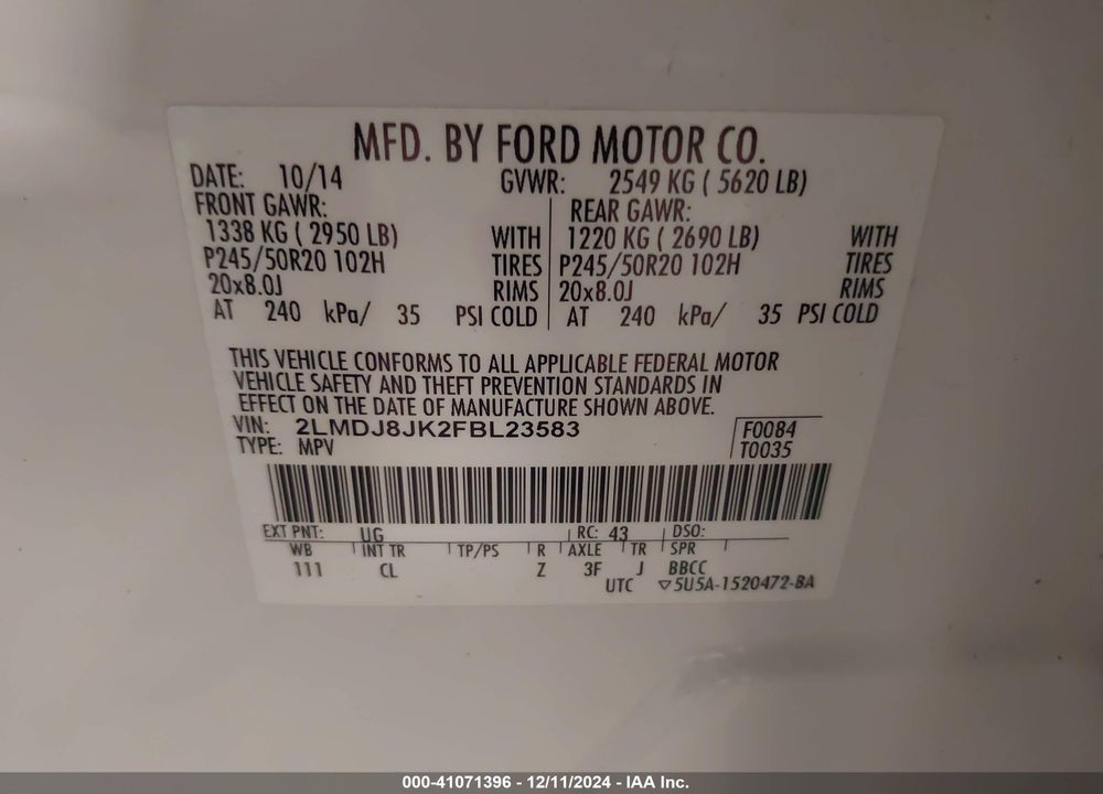2015 LINCOLN MKX VIN: 2LMDJ8JK2FBL23583