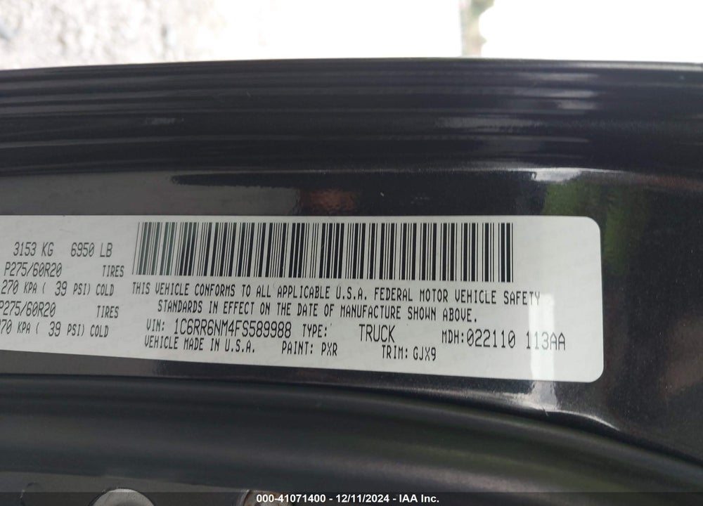 2015 RAM 1500 LAIE VIN: 1C6RR6NM4FS589988