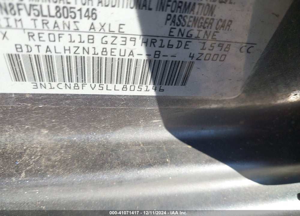 2020 NISSAN VERSA SR XTRONIC CVT VIN: 3N1CN8FV5LL805146