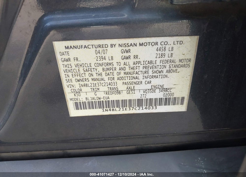 2007 NISSAN ALTIMA 3.5 SE VIN: 1N4BL21E37C214033