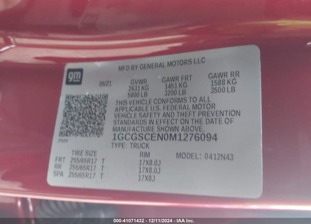 2021 CHEVROLET COLORADO 2WD SHORT BOX LT VIN: 1GCGSCEN0M1276094
