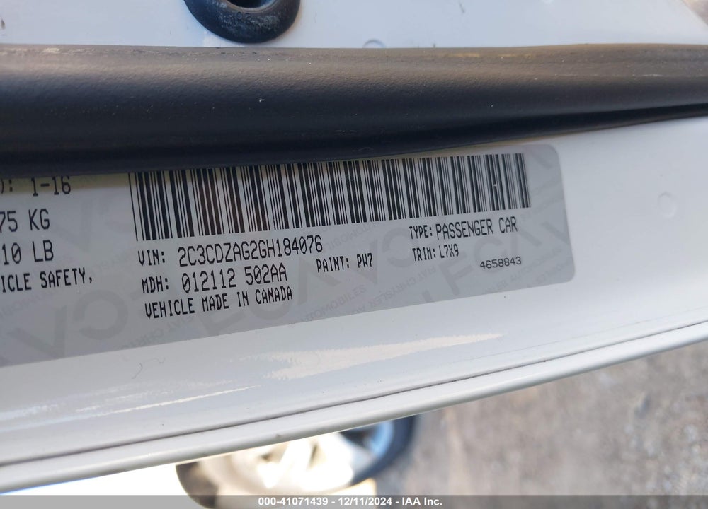 2016 DODGE CHALLENGER VIN: 2C3CDZAG2GH184076