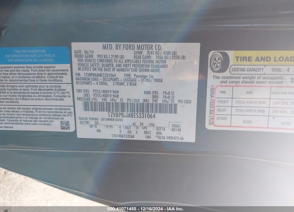 2014 FORD MUSTANG V6 PREMIUM VIN: 1ZVBP8AM8E5331064