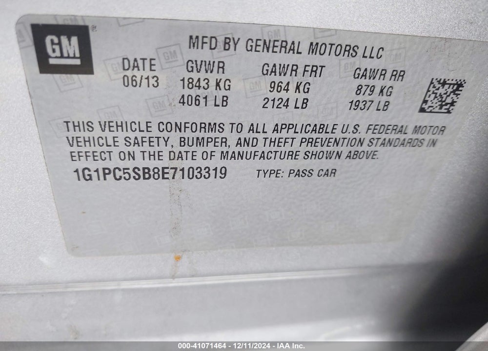 2014 CHEVROLET CRUZE 1LT AUTO VIN: 1G1PC5SB8E7103319