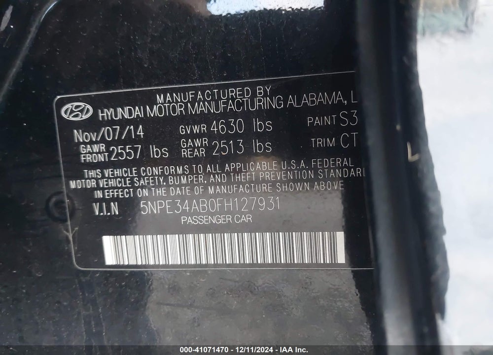 2015 HYUNDAI SONATA LIMITED 2.0T VIN: 5NPE34AB0FH127931