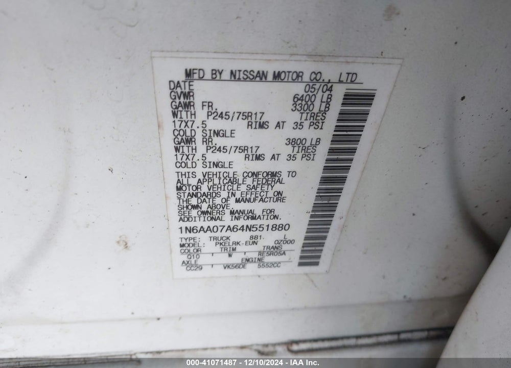 2004 NISSAN TITAN XE VIN: 1N6AA07A64N551880