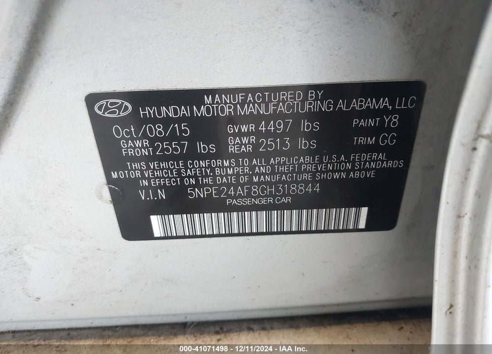 2016 HYUNDAI SONATA SE VIN: 5NPE24AF8GH318844